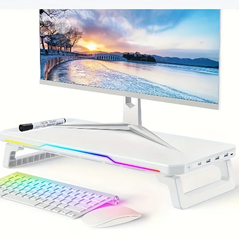 RGB Light Effect Rechargeable Desktop Monitor Height Stand 3 USB 2.0 Port Universal Laptop Storage Rack With Wireless Charging