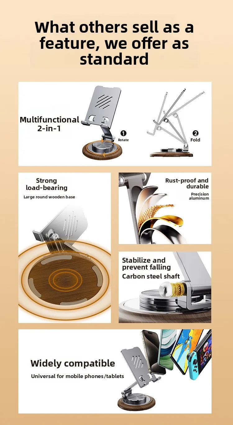 Black Walnut Wood Base Phone Holder Metal Stand 720° Rotating Foldable Desktop Stand Easy Storage for Mobile Phone Tablet Holder