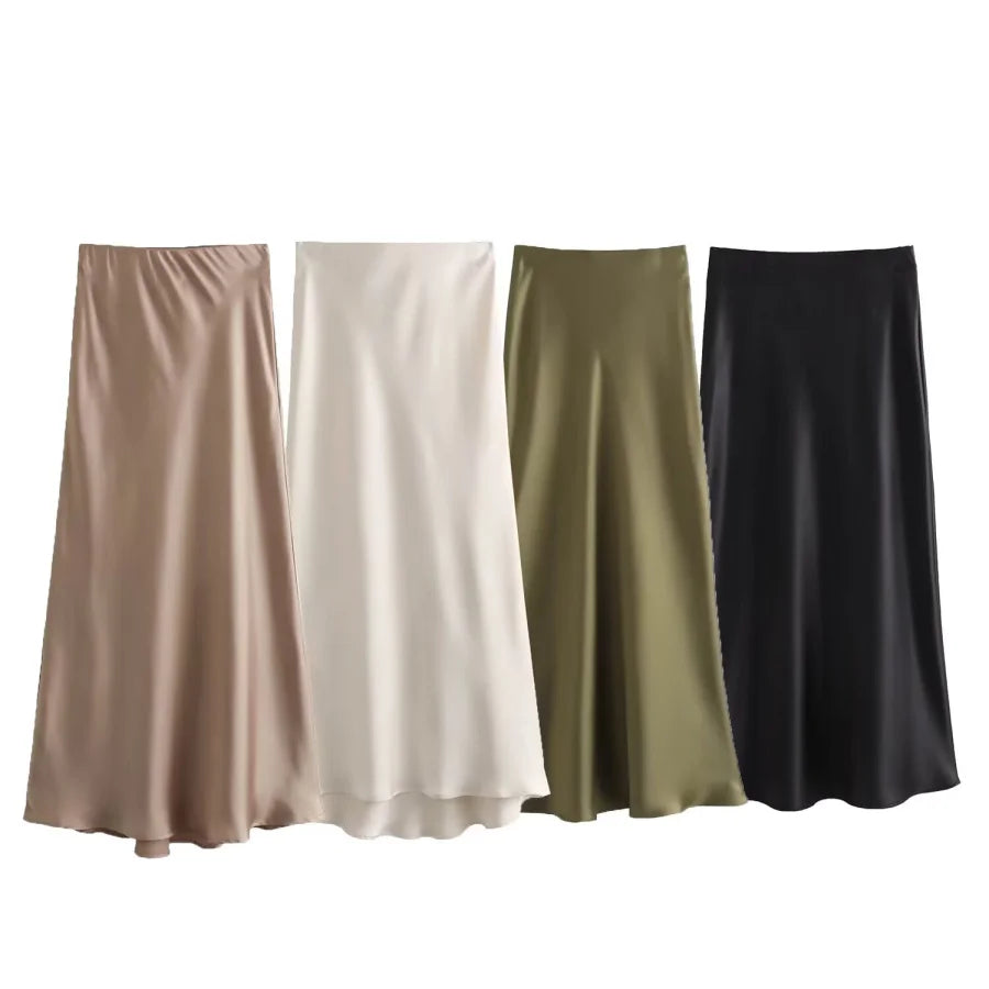 ETJ 2025  Women's spring new elegant fashion all-in-one stretch high-waisted A-line silk satin sag skirt multi-color option