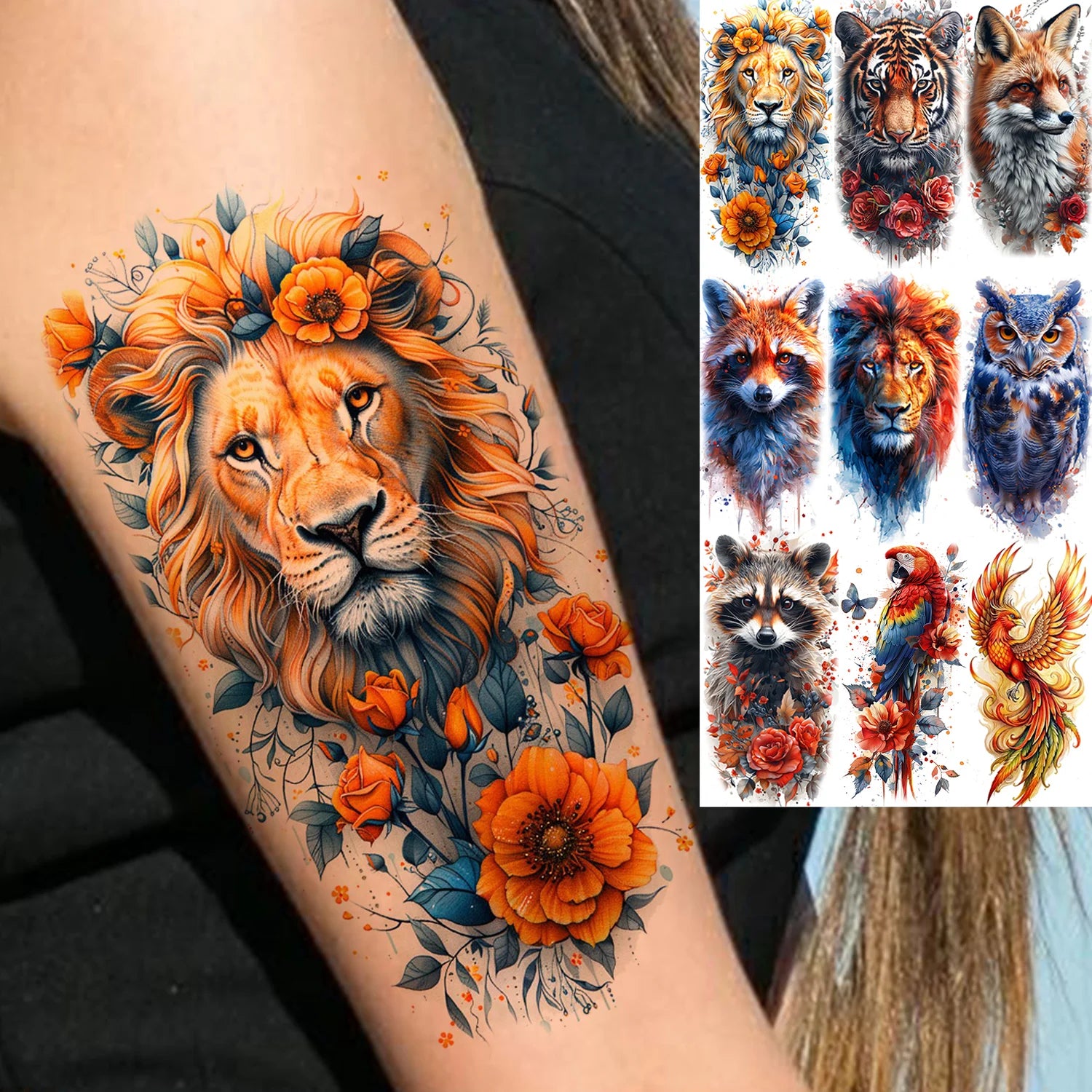 1 Sheet Unique Watercolr Lion Tiger Animals Temporary Tattoos Long Lasting Waterproof Fox Owl Fake Tattoo Sticker Body Art Tatoo Main image