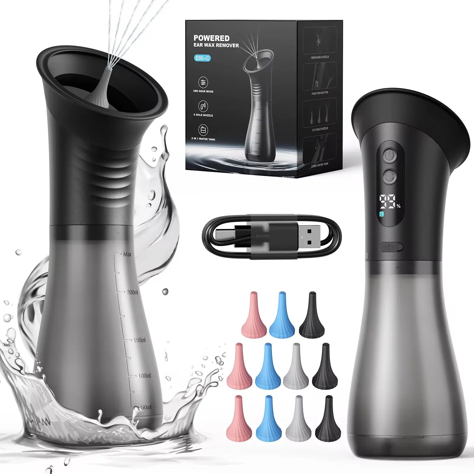 Electric Ear Wax Removal System Water Powered Ear Cleaning Tool with Irrigation Flusher 3 Pressure Settings Safe & Effective