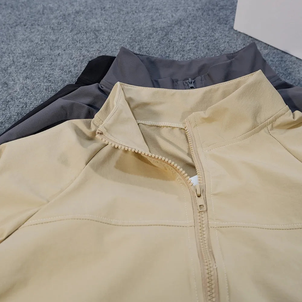 Yoga Wear American Style Sports Windproof Stand Collar Sun Protection Jacket Breathable Top Outdoor Quick-Dry Short Zipper Women