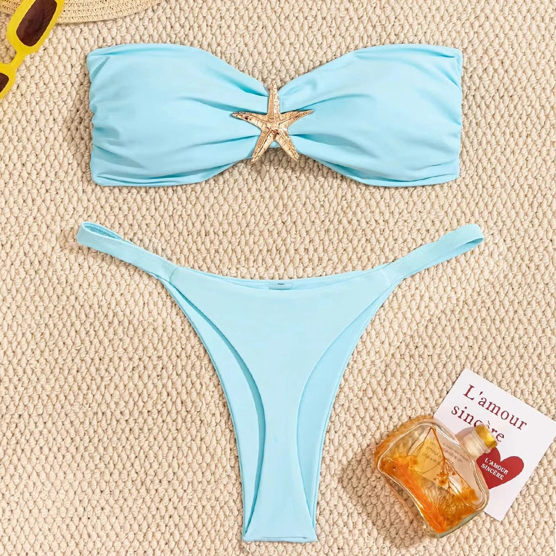 Sexy Bandeau Bikini Set 2026 Women Sky Blue Starfish Ornament Push Up Thong Swimsuit Brazilian Beach Bathing Suit Micro Swimwear Main image
