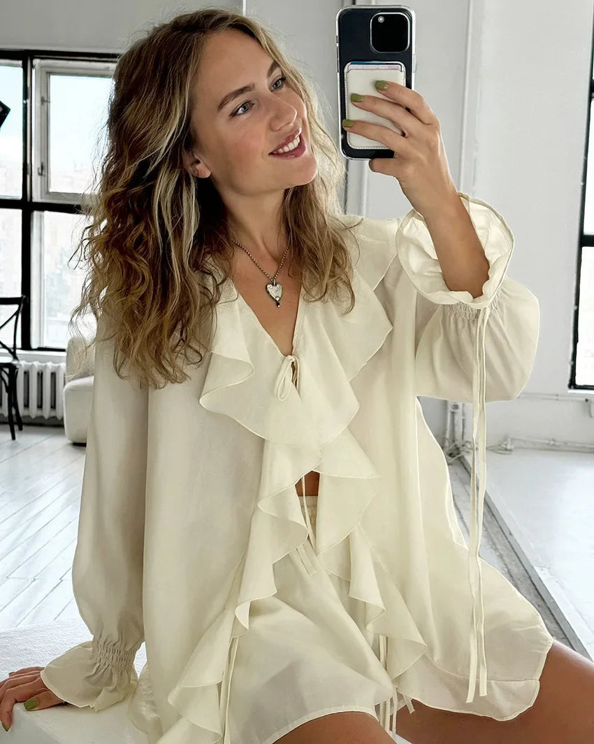 Casual Shorts Two-piece Set For Women Ruffled Loose Tie Top Simple Shorts Set OL Office Lady Summer Female Shorts Suit