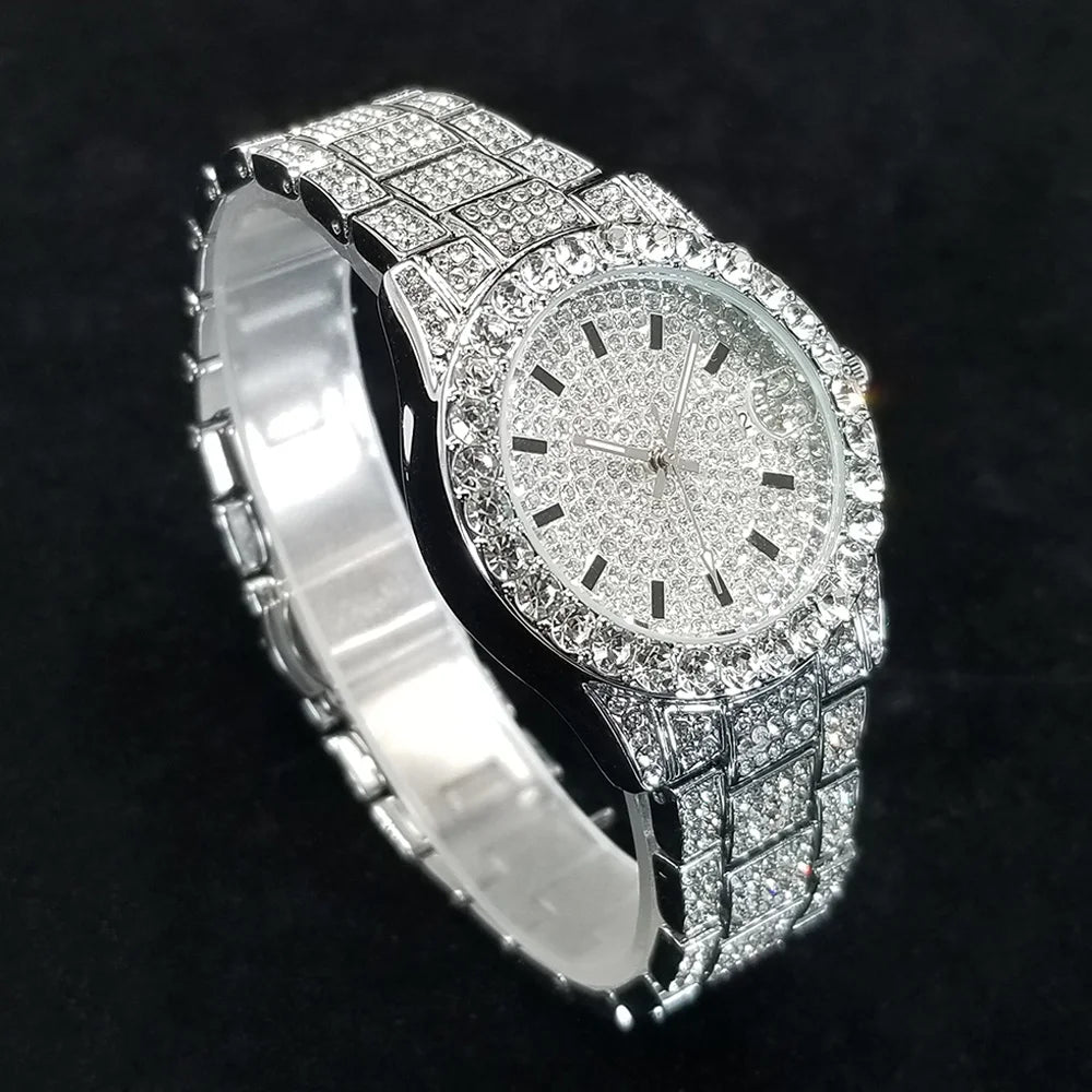 Elegant Diamond Watches Female Fashion Silver Round Stainless Steel Quartz Watch Iced Out Shiny Waterproof Clock Gift for Women