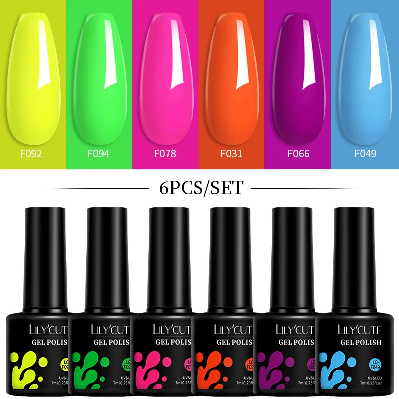 LILYCUTE 7ML 6PCS Neon Gel Nail Polish Set fluorescent Series Color Changing Semi Permanent Soak Off Manicure kit Nail Art Gel