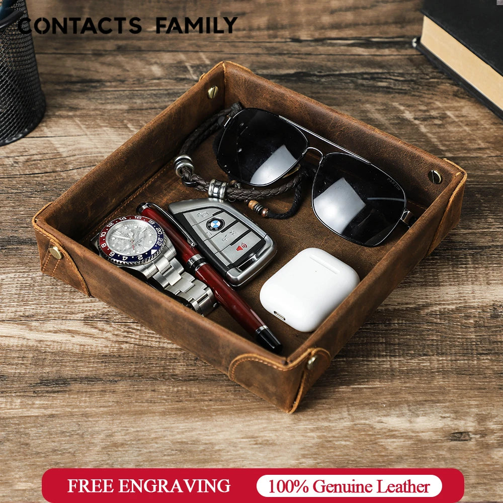 Retro Genuine Leather Storage Tray Desktop Organizer For Key Jewelry Coins Cable Cosmetic Storage Box Home Decoration Image principale du produit