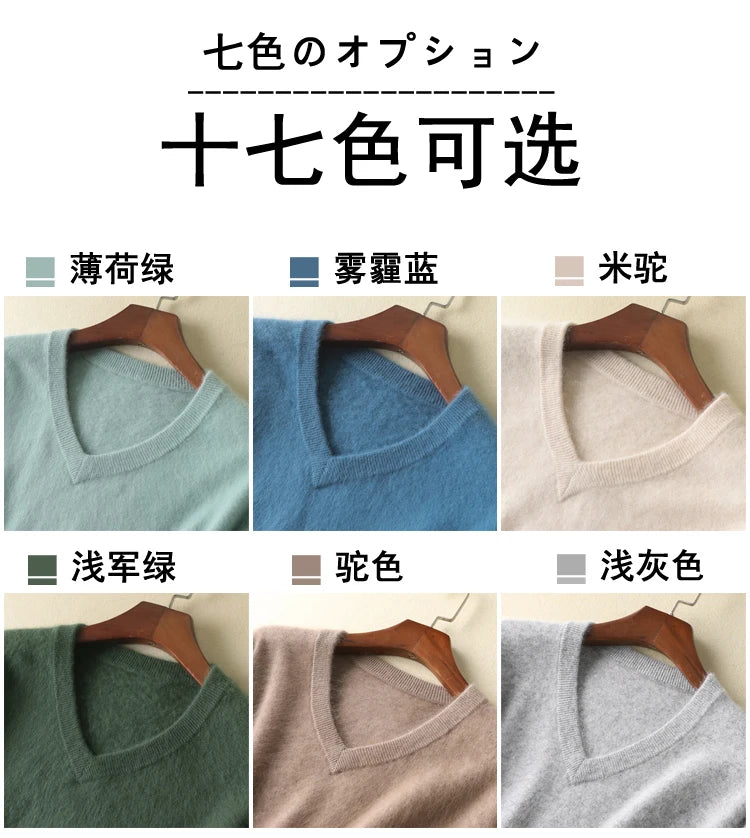 LHZSYY Men's 100% Mink Cashmere Large Size Sweaters Autumn Winter Solid V-neck Casual Knit Pullovers Men Long Sleeve Warm Jumper