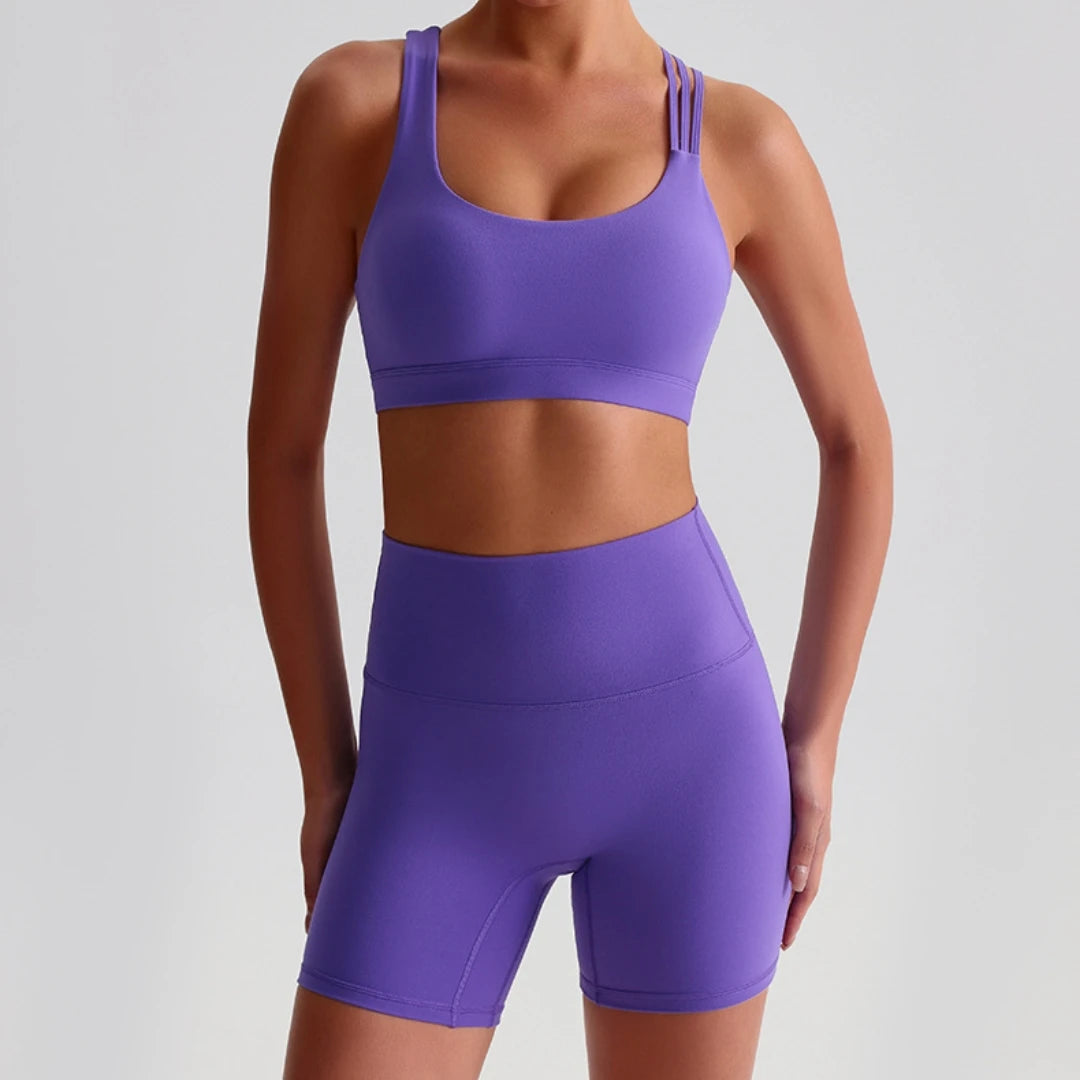 Solid Color High Waist Gym Yoga Short Legging Set Tight Women Cross Back High Impact Shoulder Strap Fitness Bra Top Sportwear Secondary image