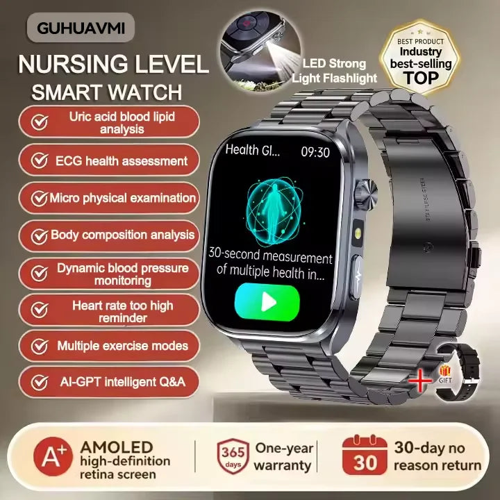 New Health Watch Uric Acid Blood Pressure Blood oxygen Body Analysis Body Fat SmartWatch ECG+PPG Bluetooth call Clock Women Men