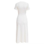 Summer Solid Round Neck Short Sleeved Office Lady Knitted Dress Women Korean Single Breasted Hollow Out Long Dress Fashion Trend