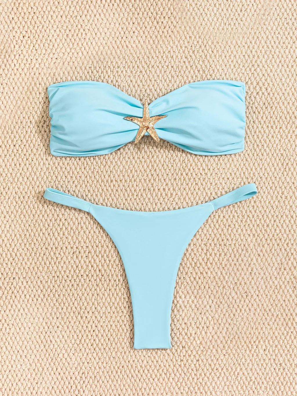 Sexy Bandeau Bikini Set 2026 Women Sky Blue Starfish Ornament Push Up Thong Swimsuit Brazilian Beach Bathing Suit Micro Swimwear