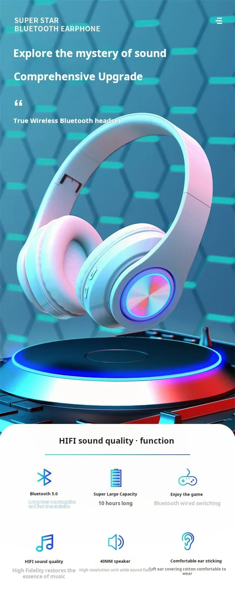 Headsets Gamer Headphones Blutooth Surround Sound Stereo Wireless Earphone USB With MicroPhone Colourful Light PC Laptop Headset