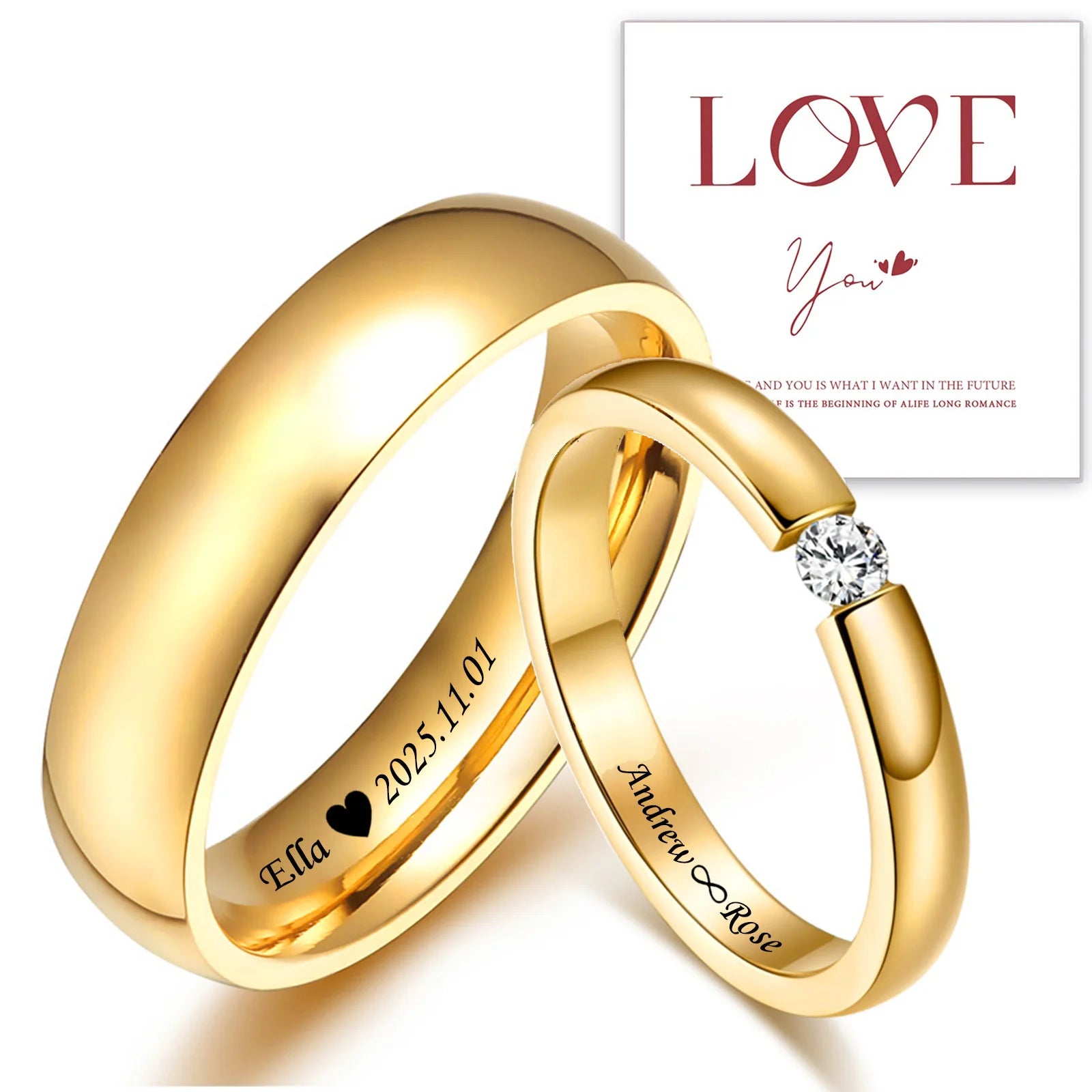 Custom Couple Rings Gift with Card Women Men PVD Plated Gold Name Rings Love Wedding Bands Personalized Name Ring Wedding Gifts Main image
