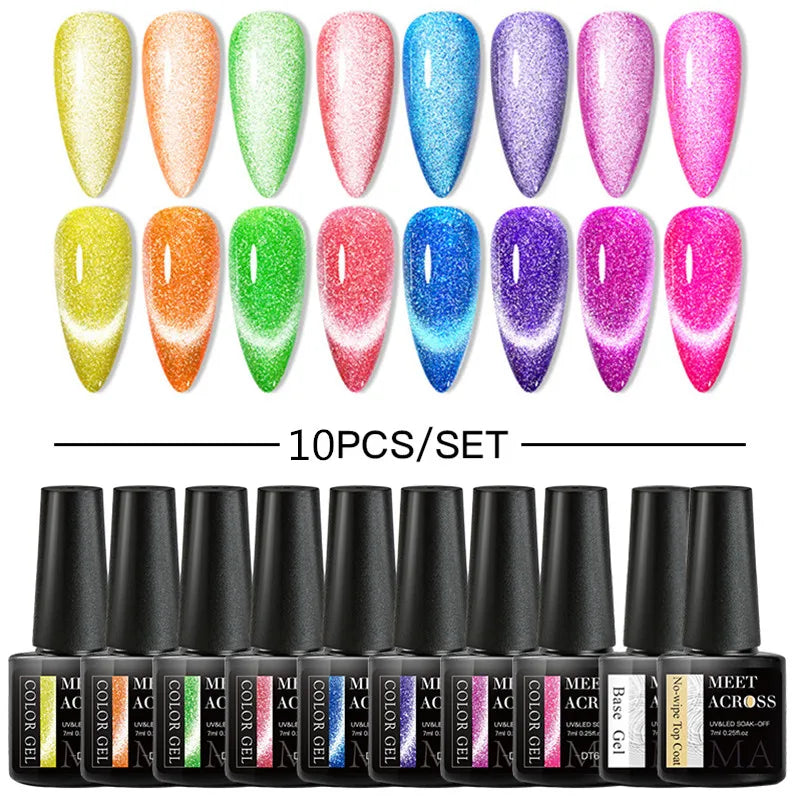 10/12PCS/SET Cat Magnetic Gel Nail Polish Set 9D Reflective Glitter Gel Semi Permanent UV Gel Soak Off Sparkling Nail Art Kits