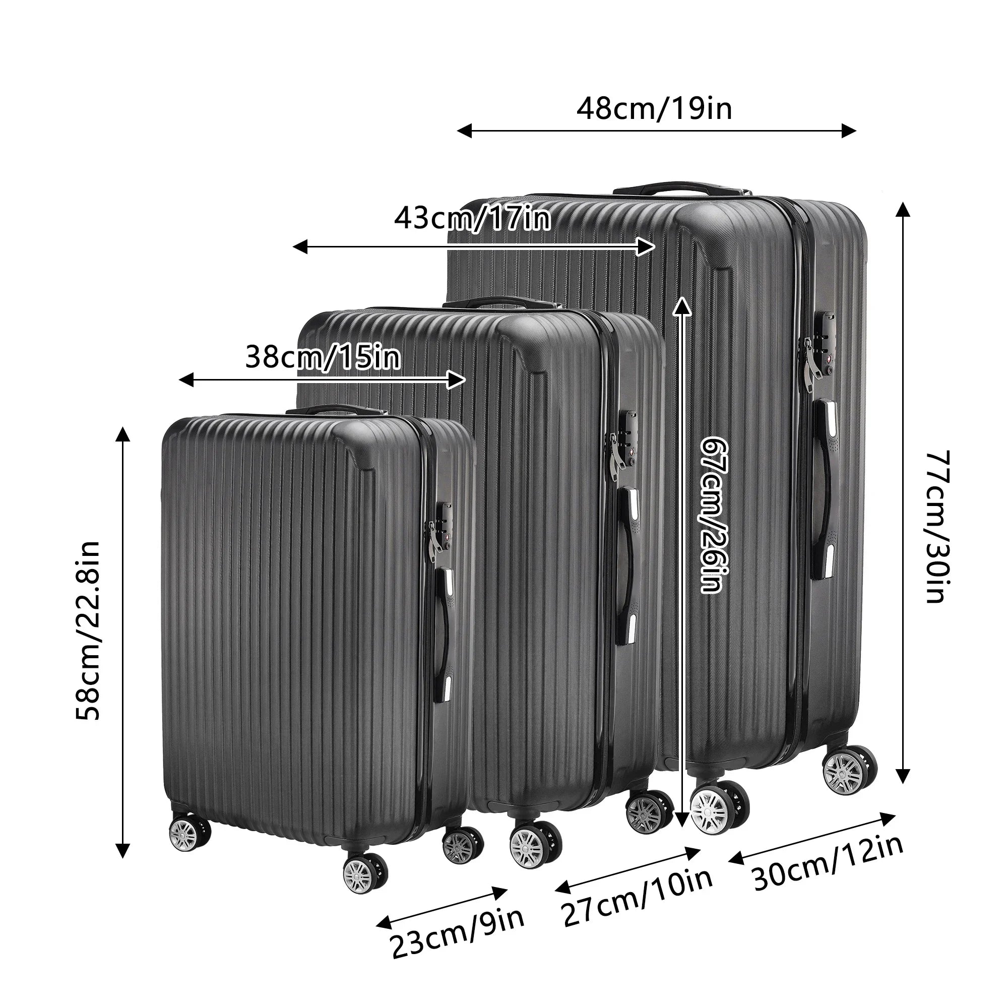 Anajqaqia Black Suitcase Set 3 Piece Luggage Set with Trolley Handle, Double Wheels and TSA Lock, Travel Suitcase Set