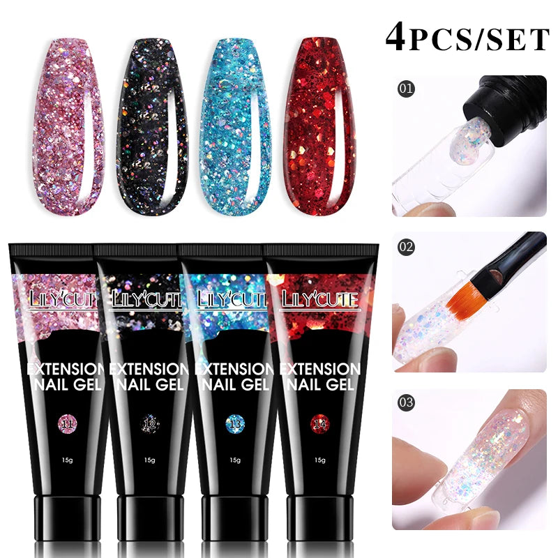 LILYCUTE 15ml Extension Gel Nail Polish Set Quick Nail Prolong With Extend Mold Nail Tips Acrylic Solution Manicure Tools Kit