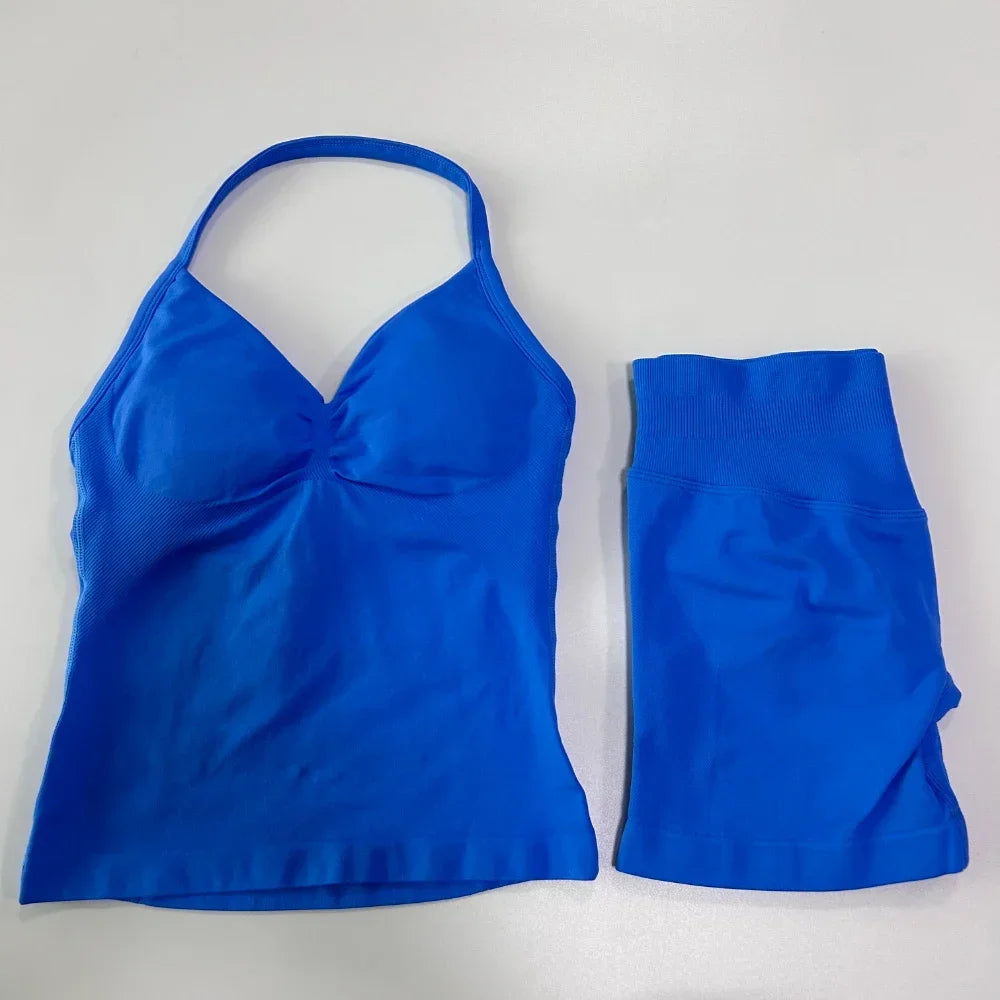 No Logo 2 Pieces Sports Set Women Backless Tank Tops High Waist Scrunch Seamless Shorts Gym Set Sportswear Workout Set Yoga