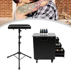 Rolling Makeup Train Case w/Tattoo Armrest Stand,Beauty Trolley Case with 3 Drawers, 4 Universal Wheels, and Combination Lock