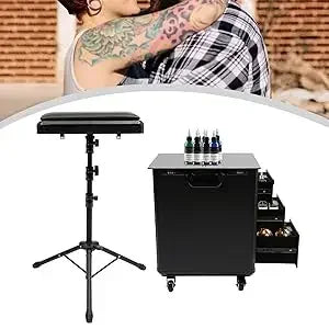 Rolling Makeup Train Case w/Tattoo Armrest Stand,Beauty Trolley Case with 3 Drawers, 4 Universal Wheels, and Combination Lock
