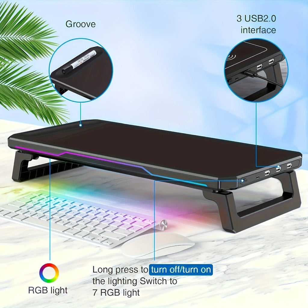 RGB Light Effect Rechargeable Desktop Monitor Height Stand 3 USB 2.0 Port Universal Laptop Storage Rack With Wireless Charging