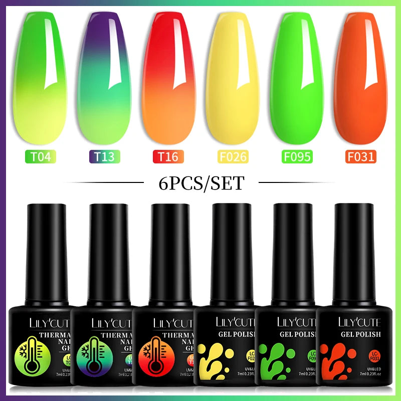 LILYCUTE 7ML 6PCS Neon Gel Nail Polish Set fluorescent Series Color Changing Semi Permanent Soak Off Manicure kit Nail Art Gel