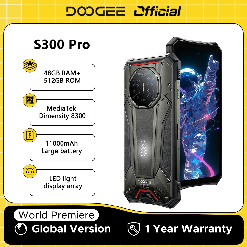 World Premiere DOOGEE S300 Pro Rugged Phone 48GB+512GB Dimensity 8300 6.78" FHD+ 11000mAh Battery 66W 200MP Camera Android 16 Image principale du produit