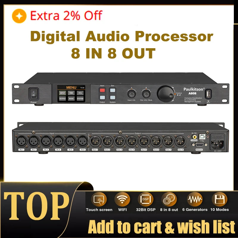 Paulkitson A808 Processor Digital Professional Audio Processor 8 In 8Out 32Bit DSP 7Band EQ Equalizer WIFI  USB Without Noise