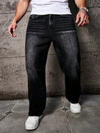 1pc Vintage Style Men's Black Washed Distressed Loose Wide Leg Relaxed Straight Jeans, Perfect Gift for Husband, Boyfriend