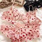 New Lingerie Thongs Set Sexy Ultra Thin Transparent Bra Women Underwire Push Up Bra Set Summer Romantic Peach Heart Underwear