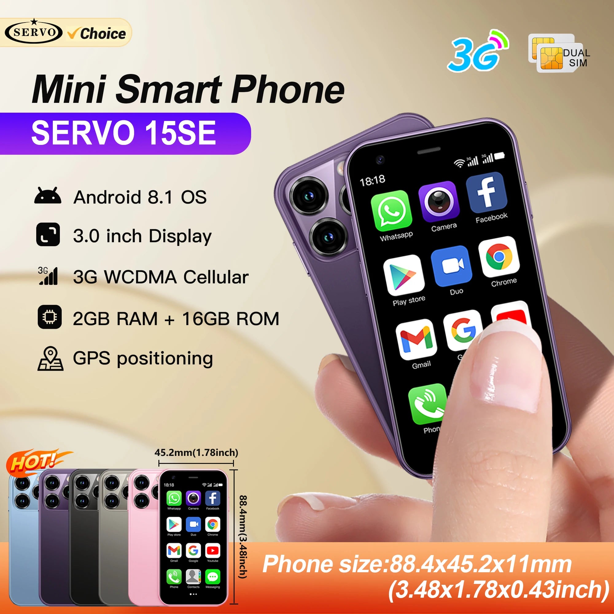 SERVO 15SE Mini Smartphone 3G WCDMA WiFi Hotspot Android OS Play Store WhatsAPP 2GB+16GB 2 SIM Card 3.0" Super Small Smart Phone Image principale du produit