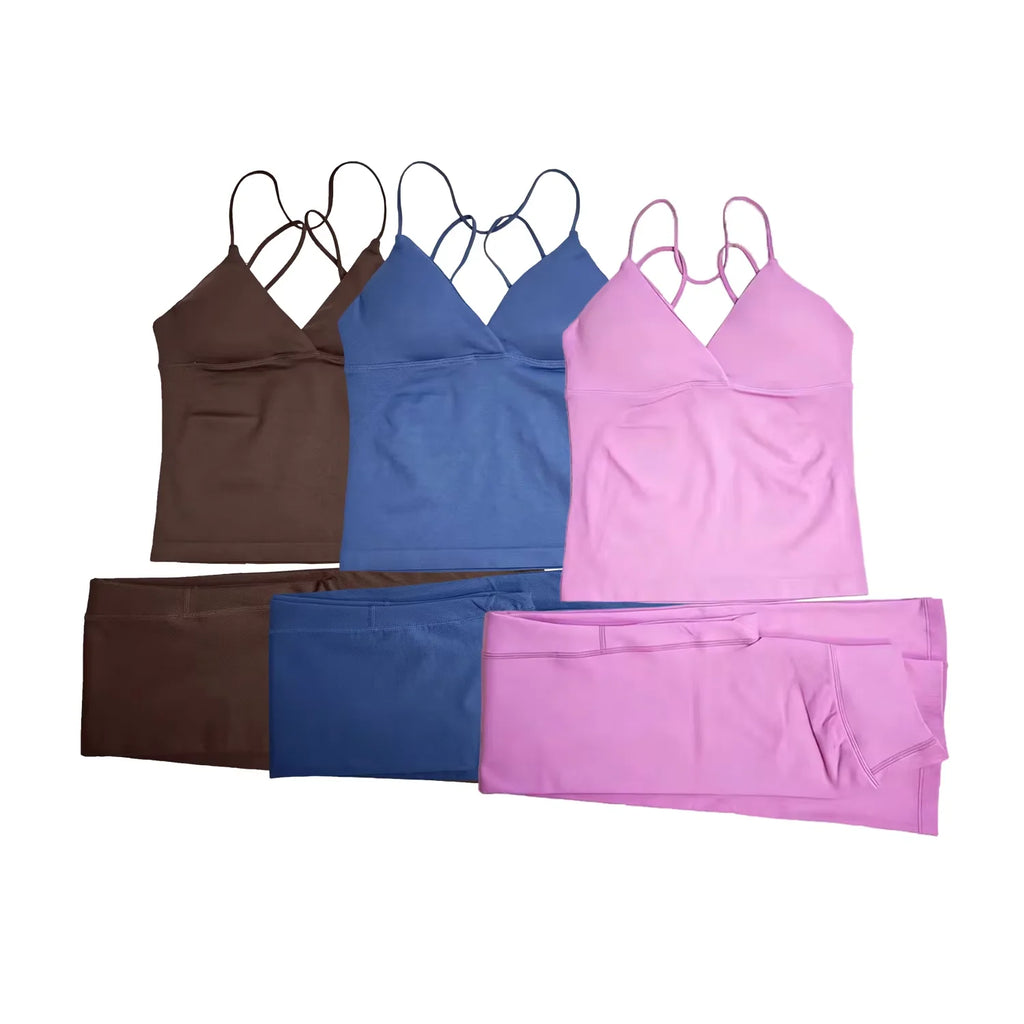 NCLAGEN Women Sportwear Vision Set Twist Front Longline Top + Flares 2 Pieces Fitness Suit Workout Running Outfit Gym Clothing