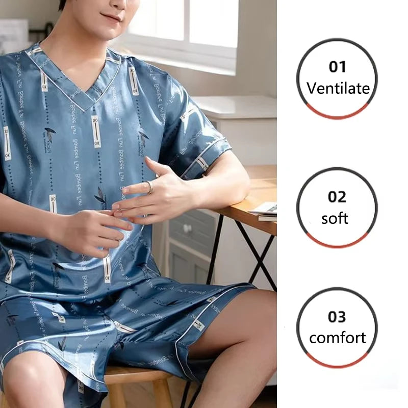 Pajamas Men Ice Silk Thin Short-Sleeved Two-Piece Suit Korean Version of the Loose Large Size Men Home Clothing with Letters