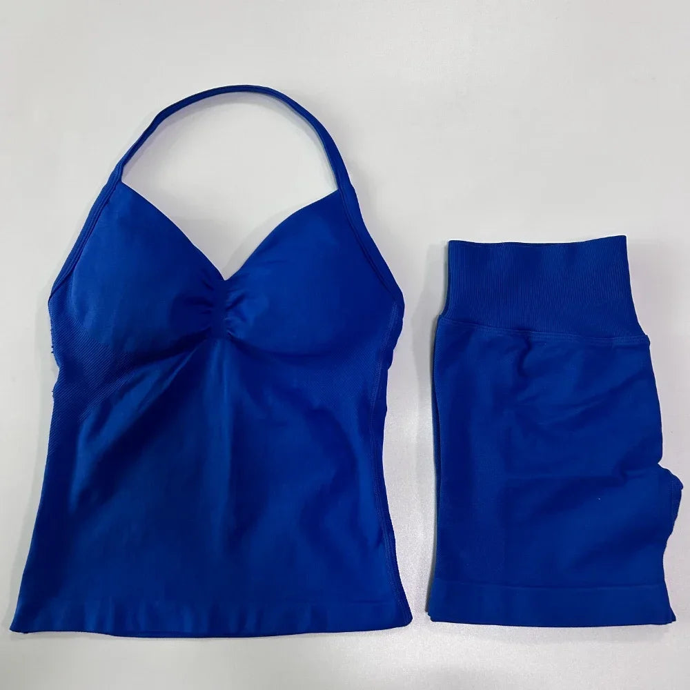 No Logo 2 Pieces Sports Set Women Backless Tank Tops High Waist Scrunch Seamless Shorts Gym Set Sportswear Workout Set Yoga
