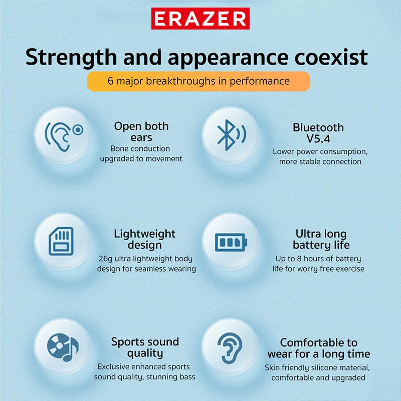 ERAZER XF22 Earphone Bluetooth 5.4 Sports Wireless Headphones Bone Conduction Headsets with Mic Neckband headphones