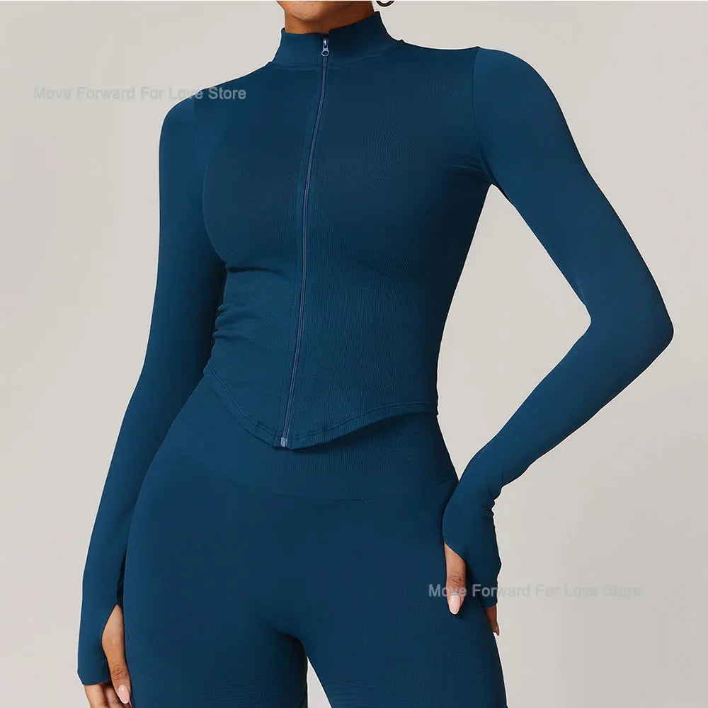 Women's Zipper Crop Sports Jacket Long Sleeve Yoga T-Shirt Solid Quick Dry Fitness Top Gym Running Workout Sportswear