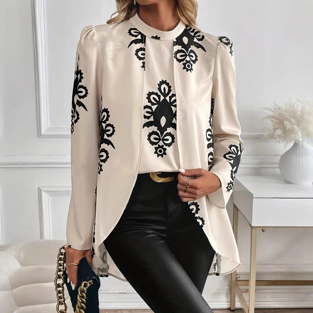 2026 Fashion Long Sleeve Print Blouses Women Spring Elegant Office Ladies Tops Femme Fake Two Pieces Blouse Shirts Women's Top