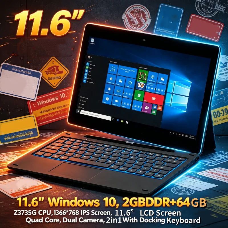 11.6'' Windows 10 Tablet PC 2GBDDR+64GB  Z3735G CPU 1366*768 IPS Screen Quad Core G12 Dual Camera 2 in1 With Docking Keyboard