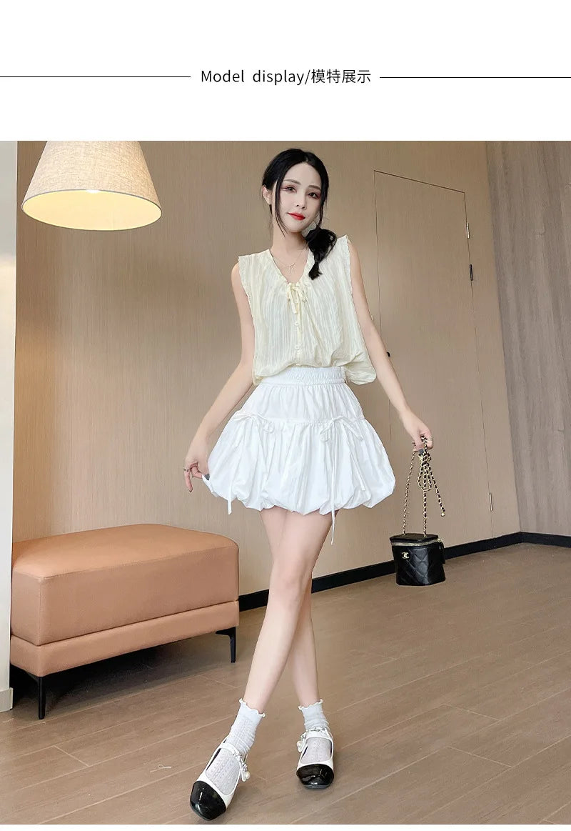 Sweet Bow Pleated Fluffy Skirts for Women Summer Korean Style Elastic Waist Lantern Skirt Woman Loose White A-Line Short Skirts