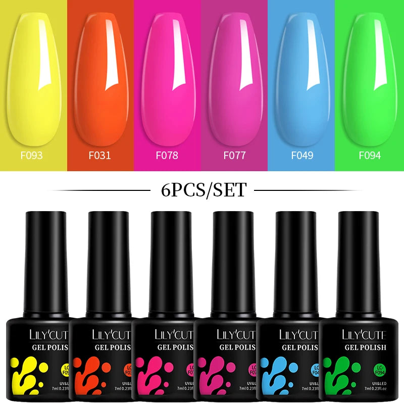 LILYCUTE 7ML 6PCS Neon Gel Nail Polish Set fluorescent Series Color Changing Semi Permanent Soak Off Manicure kit Nail Art Gel