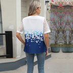 Summer Shirts Women Lace Patchwork Short Sleeve Blouse Flower Print Clothing Fashion Street Casual Daily V-Neck Button Tops 2025