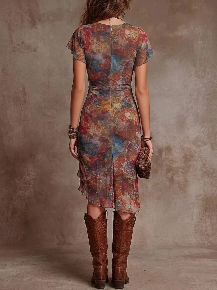 2026 Sexy Deep V Neck Printed Lace Women's Short Sleeve Dresses Summer New Fashion Slim Ruffle Female Party Dress Short Dress