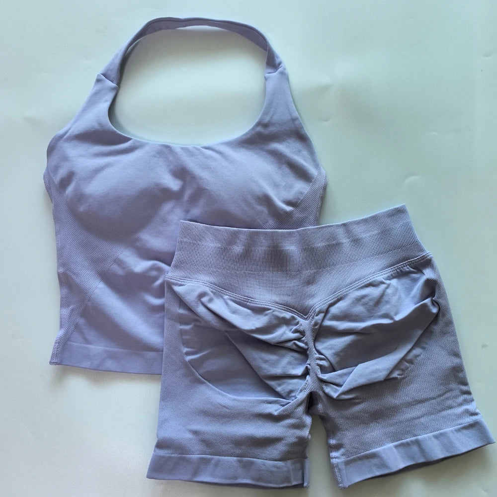 No Logo 2 Pieces Sports Set Women Backless Tank Tops High Waist Scrunch Seamless Shorts Gym Set Sportswear Workout Set Yoga