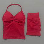 2 Pieces Sports Set Women Backless Halter Tops Fitness Tank Top High Waist Seamless High Stretch Shorts Gym Workout Sets