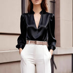 New Women's Satin Shirt V-neck Long-sleeved French Top Fashion Pullover White Simple Office Professional Female Pink Blouses
