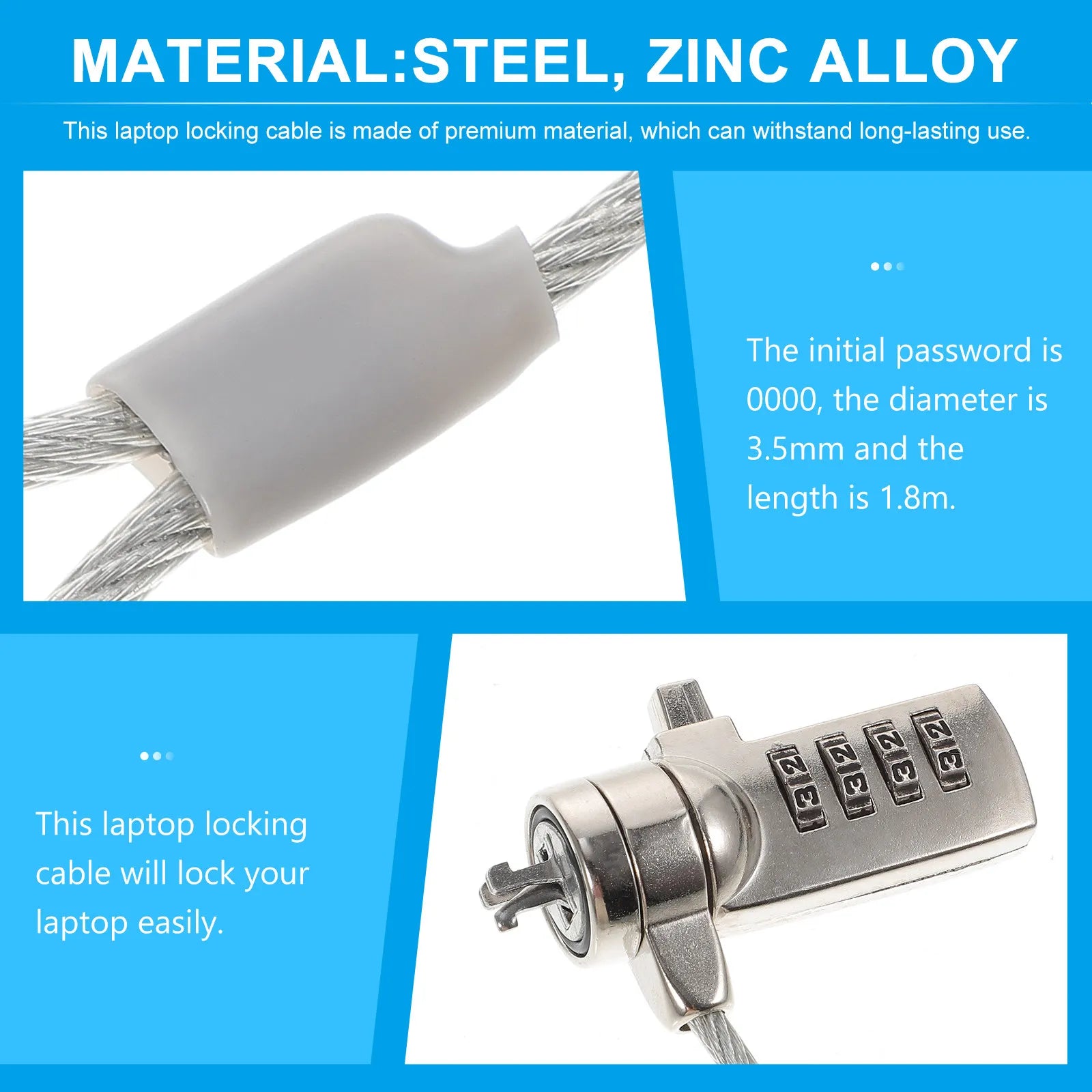 1.8M 3.5mm Laptop Security Cable Lock | 1-Digit Combination Anti-theft Steel Cable Lock for Business Laptops & Tablets