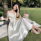 Horetong Bow Slash Neck Sexy Dress Summer Women White Fairy Elegant A-Line Midi Dresses Female Party Prom Clothes Vestdios