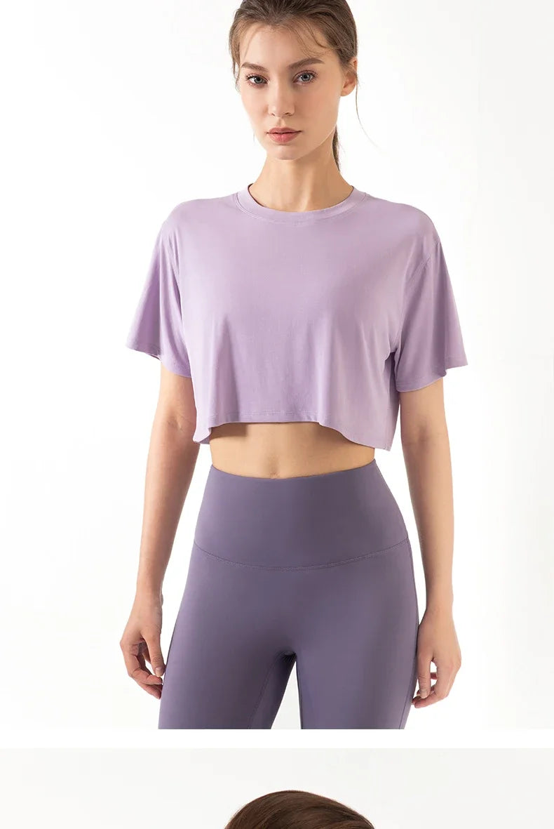 Women Yoga Tops Loose Running Exercise Sport Crop Top Ultralight Elastic Breathable Short Sleeve Gym Fitness Shirt