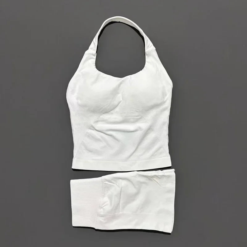 2pcs Sports Set Women Backless Tank Tops High Waist Scrunch Seamless Shorts Fitness Clothes Activewear Workout Sets Gym Suit