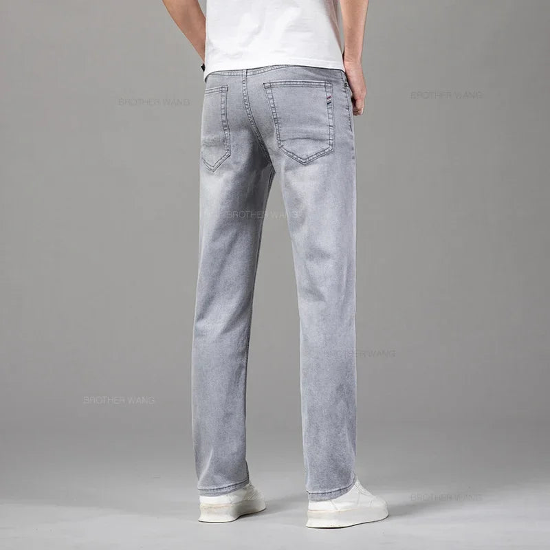 Summer Thin Men's Elastic Cotton Jeans Fashion Gray Comfortable Business Straight Casual Pants Brand Male Clothes Trousers Image secondaire du produit